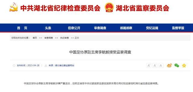 中国足协原副主席李毓毅涉嫌严重违法，正接受监察调查