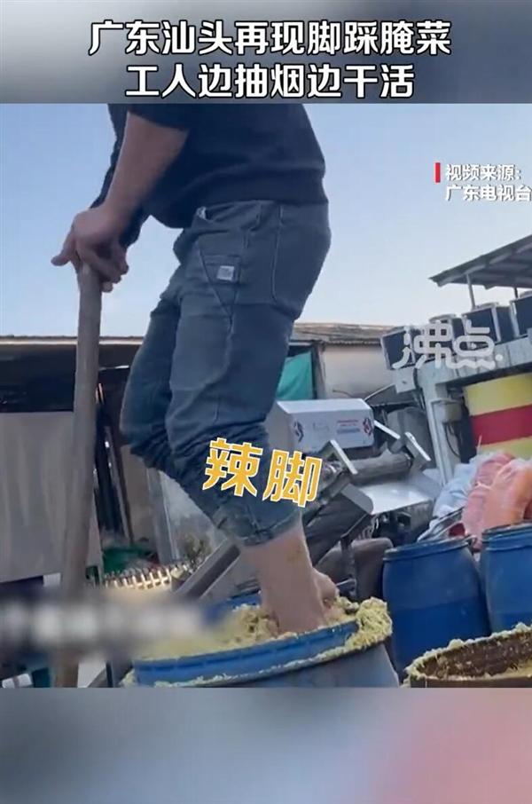 汕头腌制厂工人用脚踩菜：工人边抽烟边干活，掉在地上的咸菜也直接被扔进箱子